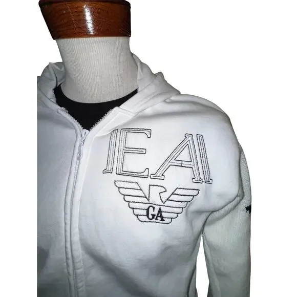 Emporio Armani Mens Size M White Zip Up Hoodie Logo Knit Sleeves